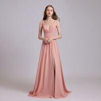 5625 Aline langes Brautjungfer Kleid mit sexy V-Ausschnitt Front Split Sleeveless Chiffon Maßgeschneiderte Mädchen Ehrenkleidung