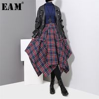 [EAM] Spring High Taille Rouge Plaid Split Joitn Loable Big Half-Corps Jupe à moitié Corps Femmes Fashion All-Match JD402 220216