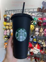 5 stücke Starbucks 24oz / 710ml Kunststoff-Tumbler wiederverwendbares schwarzes Trinken flacher unterer Tasse Säulen-Form-Deckel-Stroh-Becher 1