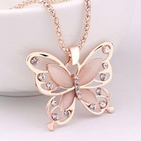 Fashion Women Rose Gold Opal Butterfly Charm Pendant Long Ch...