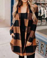 Damen Trench-Mäntel 2022 Revers-Plaid-Hemd Frauen Mode Langarm Casual Longline Mantel Übergroße weibliche Herbst