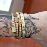 Edelstahl Sechskant-Square-Kopf Römisches Ziffer Armband Gewebtes Armband Gold Titan-Stahl-Armreif für Männer