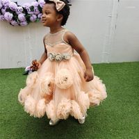 Оранжевый пухлый тюль цветок девушка платье для свадьбы маленькая принцесса вечеринка платье Pageant размер 2 4 6 12 16Y1