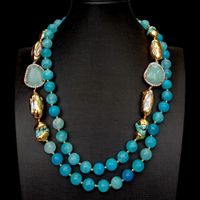 Yygem 2 rader blå fasetterad agat turkos odlad vit biwa pärla kristall halsband mode kvinnor smycken
