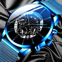 Luxo Mens Moda Calendário de Negócios Mostra Azul Aço Inoxidável Malha de Malha Analógico Relógio de Quartzo Relogio Masculino Mens Watch