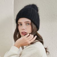 Kvinnors Vinter Sticka Kanin Fur Hat Varm Wide Sleeve Beanies Vertikal Lines Elastisk Skull Cap