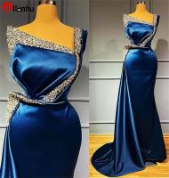 NEU! Royal Blue Satin Mermaid Formale Abendkleider für Frauen Kristall Perlen Plus Size Prom Party Kleider Robe de Ehe
