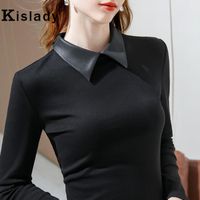 Kislady toppar långärmad gotisk kvinna skjorta sexig nedgång krage temperamentskjortor koreanska vinter mode solida kläder kvinnors t-shirt