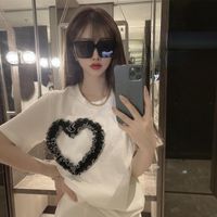 T-shirt das mulheres Mulheres roupas lace coração retalhos manga curta t shirt coreano chique o pescoço casual tees verão solto branco tops feminino