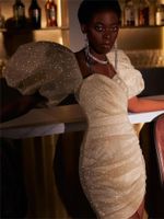 Sparkle Africano Branco Lantejoulas De Cocktails Vestidos Curto Buff Manga Mini Bainha Vestidos De Prometos Vestido de Noite Elegante para Mulheres Especial Ocasião