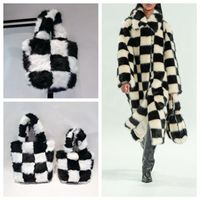 South Korea ins niche designer checkerboard messenger bag female fashionable black and white checked furry handbag