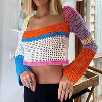 女性のセーター女性の編み物ニット作物トップの長袖カラーブロック中空アウトレギュラーフィットTシャツ韓国原宿プルオーバーニットウェア