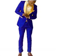 Groomsmen Royal padrão azul noivo tuxedos xaile ouro lapela homens ternos 2 peças casamento noivo (jaqueta + calça + gravata) homens blazers