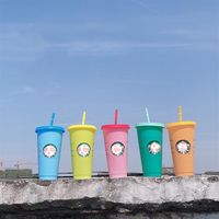 Starbucks Plastic Tumbler Color Changing Reusable Clear Drinking Flat Bottom Cup Pillar Shape Lid Straw Muga45