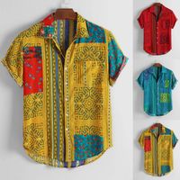 Camisas casuales para hombres Hombres algodón manga corta vintage étnico impreso blusa hawaiian camisa masculina tops verano geométrico más tamaño