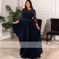 Plus Size Mother of the Bridal Dresses 2022 Vestidos Beaded Navy Blue Chiffon Long Women Wedding Guest Party Dress