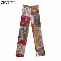 Zeveity женщины винтажные ткань лоскутное печать сатин прямые брюки ретро женская эластичная талия боковых карманных шик длинные брюки P1004 211224