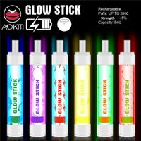 Authentische Aokit Glow Stick Einweg-Pod Kit 2600 Puffs Vorgefüllte Vorrichtung 8ML-Hülsen-Hülsen Akku-Batterie-Stift mit glühendem RGB-Licht-Vaping 100% Genunie