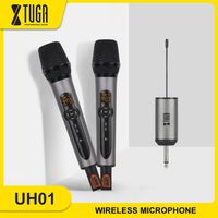 Microfone sem fio xtuga, sistema de microfone dinâmico duplo UHF conjunto com receptor recarregável para a igreja do discurso do karaoke 210610