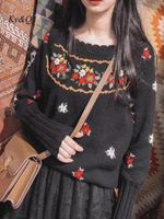 Kadın Kazak Pist Kadınlar Kış Siyah Çiçek Nakış Örme Kazak Kazak Vintage Uzun Kollu Kadın Streetwear Jumper 2021 pıhtı