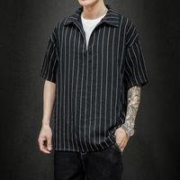 Erkek Polos M-5XL Artı Boyutu Erkekler Casual Gevşek Fit Gömlek Temel Fermuar Kısa Kollu Yaz Kore Streetwear Çizgili Gömlek için