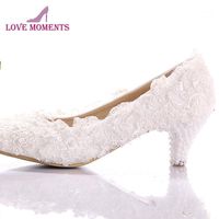 White Lace Low Heel Wedding Bridal Shoes Kitten Bridesmaid Elegant Party Embellish Prom Lady Dancing Dress