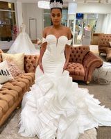 Lindo 2021 Sereia Organza vestidos de noiva vestidos de noiva com longos trens fora do ombro frisado de tiered ruffles robe de mariée