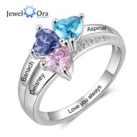 Jewelora Customized Mother Ring with 3 Heart Birthstones Personalized Sier Color Copper Name Engraved Rings for Women Gifts