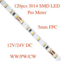 幅FPC SMD3014 LEDストリップライト、5mロール/ロット、1メートルあたり120ピース3014 SMD、DC 12V / 24Vストリップ