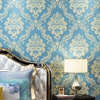 Wallpapers luxo azul damasco 3d estereoscópico papel de parede em relevo papel de parede não tecido Rolo de papel de parede quarto sala de estar sala de estar bege allCovering
