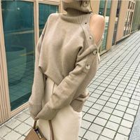 Women Basic Sweaters Knitted Button Cold Shoulder Pullover Autumn Turtleneck Knitting Jumper Female Winter Casual Ladies Sweater