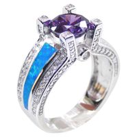 100% 925 Sterling Silver Fire Opal Ring & Round Amethyst CZ Stones Womens Ring For Gift 210524
