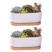 2pcs Succulent Planter Ceramic Flower Pot with Bamboo Tray Drainage Holes for Indoor Outdoor Decoration H1224