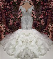 Luxury Bridal Gowns Crystal Mermaid Arabic Wedding Dresses 2022 Beading Ruffles Court Train Illusion Back Robe De Mariee Vestidos De Noiva
