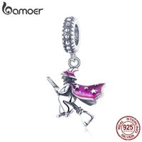 100% 925 Sterling Silver Magic Witch Pendant Charms Fit For Women Armband DIY Smycken Halloween Present SCC914 210512