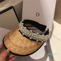 Fashion Pearl Gorras de paja sin top Holiday Beach Hat Womens Wide Brim Sombreros de alta calidad Sun Hat Tide Pescador Sombreros