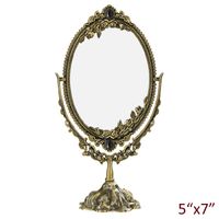 Europeisk antik mässing graverade ros blommor gren design smycken 5x7 inches ovala bordsskiva swing metall kosmetiska spegel speglar