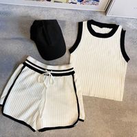 Calças de duas peças femininas de malha short set mangas colete de malha menina elástica cintura trilhas terno