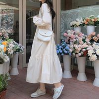 Kadınlar Sonbahar Vintage Artı Boyutu Gevşek O-Boyun Uzun Kollu Elbise Yüksek Bel Beyaz Zarif Elbiseler Kadın Vestido Mujer Rahat