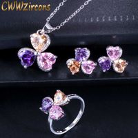 かわいい愛のハートの形のミックス紫のピンクの立方体ジルコニアの石のリングのネックレスイヤリングファッションレディースジュエリーセットT329 210714