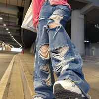 Streetwear прямые брюки Дамы разорванные джинсы высокая талия Свободная широкая нога Y2K лето плюс размер улицы джинс 211216