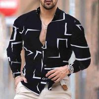 Sonbahar erkek Geometrik Bluz İnce Uzun Kollu Gömlek Baskı Siyah Beyaz Trendy Donanma Gömlek