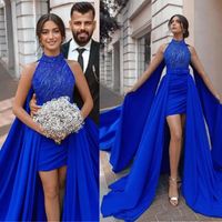 Sexy Halter High Low Evening Dresses With Wrap Royal Blue Satin Cocktail Party Prom Gowns Custom Made Robe De Soriee