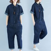 Dames Jumpsuits Rompertjes 2021 Zomer Dames Denim Overalls Casual Jeans Blauwe Single-Breasted Pocket Tooling Plus Size XL1