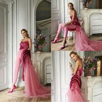 Fuchsia Prom Jumpsuit with Side Remove Train 2022 Sweetheart Ruffles 3D Floral Evening Dress with Pant Suit Engagement Gowns