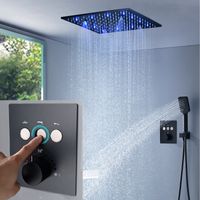 2021 럭셔리 샤워 시스템 매트 블랙 표면 16 인치 비와 안개 샤워 헤드 천장 암 장착 온도 조절 버튼 믹서 세트 LED 욕조