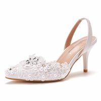 Sandalet Yaz 7 cm Sivri Beyaz Dantel Inci Stiletto Yüksek Topuk Gelin Düğün Ayakkabı Büyük Boy Ziyafet Elbise Tüm Maç Kadın