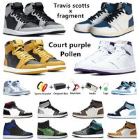 Jumpman 1s Erkek Basketbol Ayakkabı Üniversitesi Mavi Travis Scotts X Parçası 1 Büküm UNC Pollen Gölge 2.0 Mahkemesi Mor Hiper Kraliyet Erkekler Kadınlar