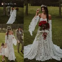 2022 Vintage Crochet Lace Boho Wedding Gowns with Long Sleeve Off Shoulder Countryside Bohemian Celtic Hippie Bride Dresses Robe BC10809