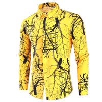 Men&#039;s Casual Shirts Yellow Mens 2021 Causal Long Sleeve Root Printed Dress Shirt Male Social Slim Fit Camisa Masculina Prom Party Streetwear